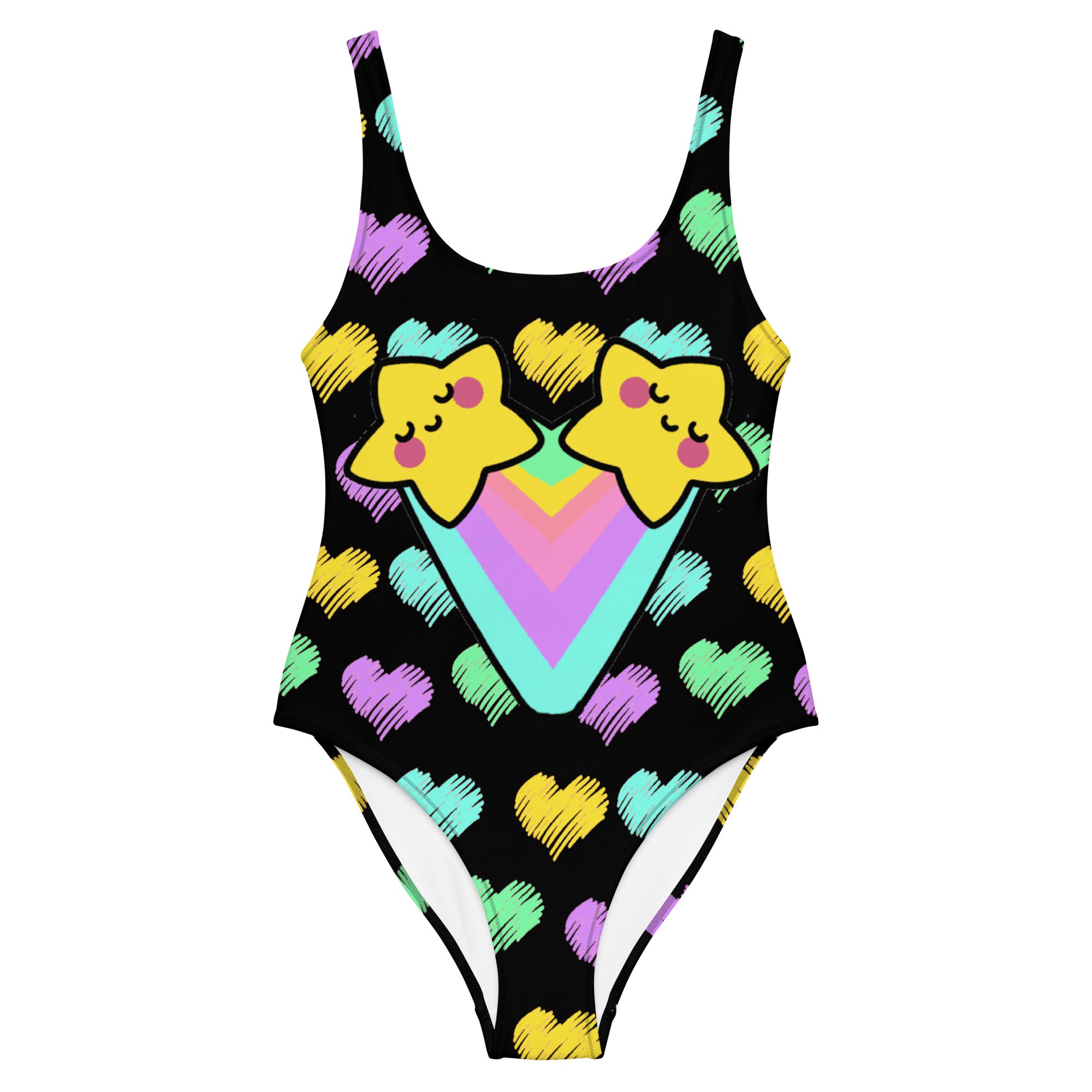 bright and fun pastel star and heart design, making it an eye-catching choice for a rave or festival. The high-quality materials ensure that you look and feel your best.