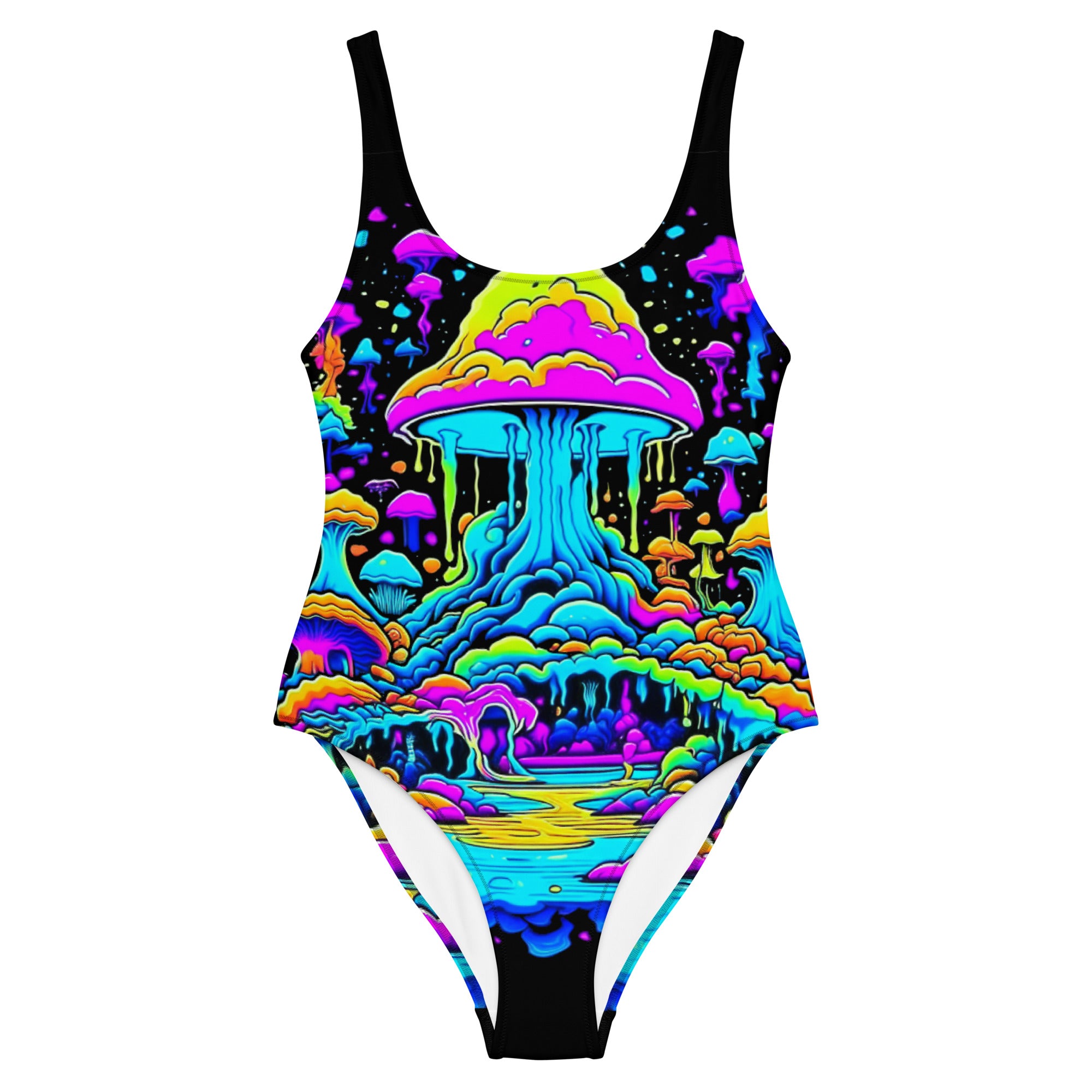 Experience the psychedelic vibes of our Wonderland Bodysuit! Our one-of-a-kind design features a trippy, vibrant pattern of mushrooms, perfect for rocking out at raves and music festivals. Don't miss out on this unique and eye-catching piece!