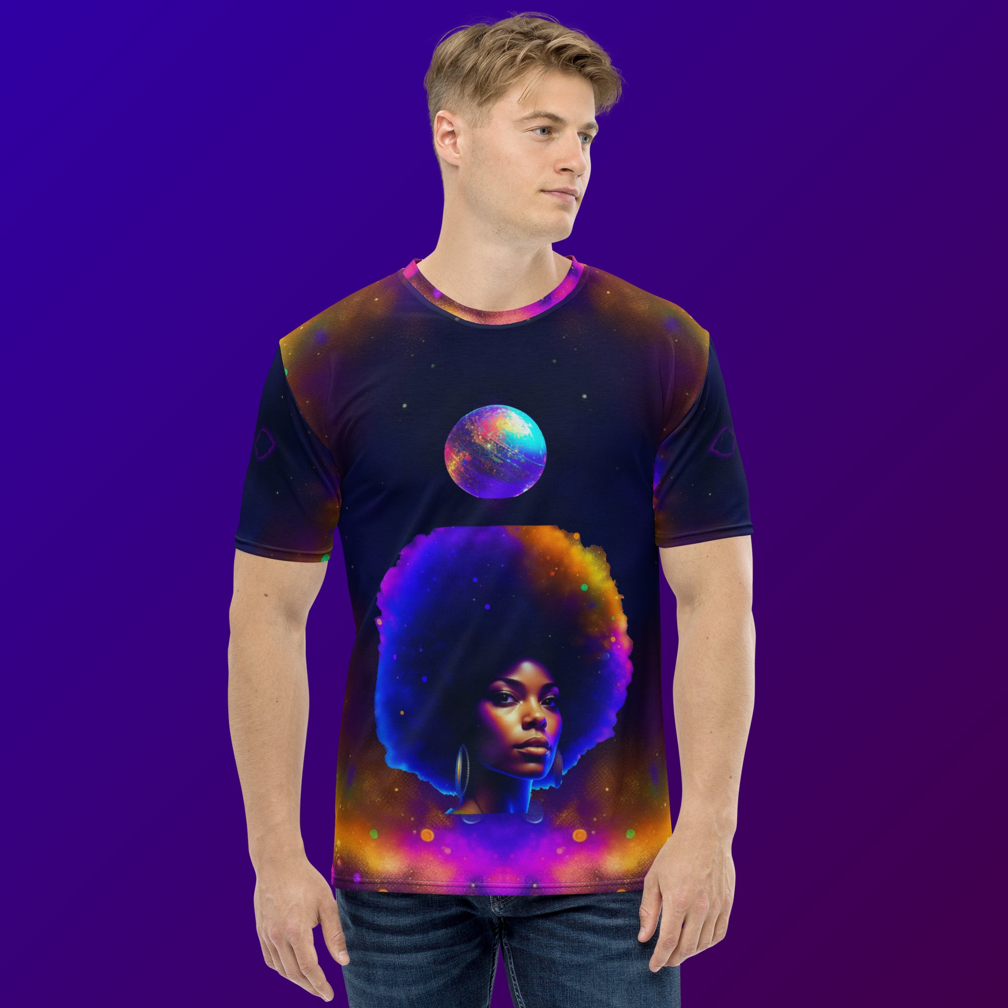 This men's DISCO GALAXY T-SHIRT features a groovy psychedelic design that showcases a disco ball amid a vibrant galaxy of stars. The funky design is topped off with women with afro hair, creating a unique and eye-catching look.  Get Groovy Baby! 