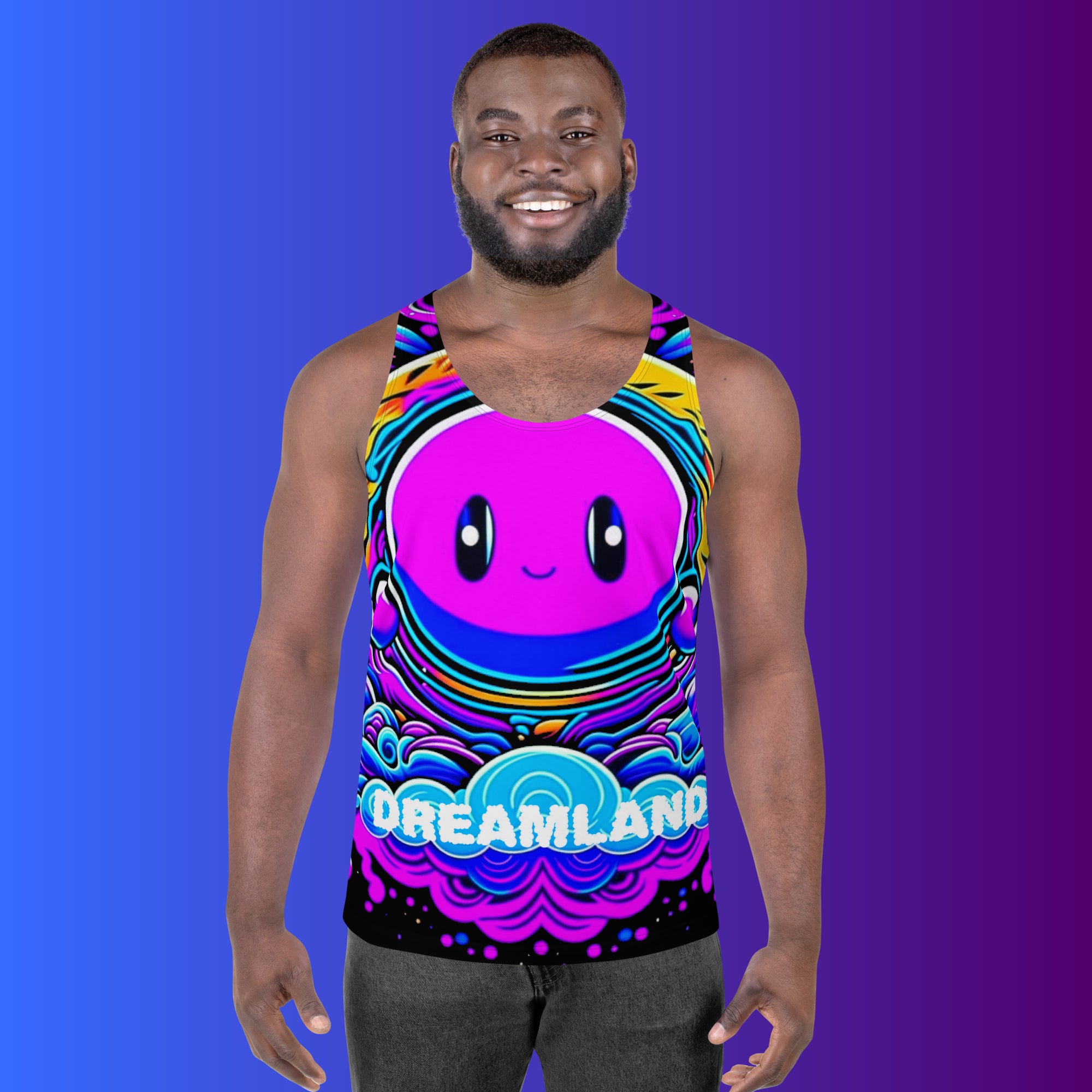 Unlock the world of dreams with our DREAMLAND tank top for men. Designed for raves and festivals, this tank top is the ultimate combination of style and comfort. Made with high-quality materials, it guarantees a perfect fit and is sure to be a crowd favorite. Let your imagination run wild and stand out from the crowd with DREAMLAND