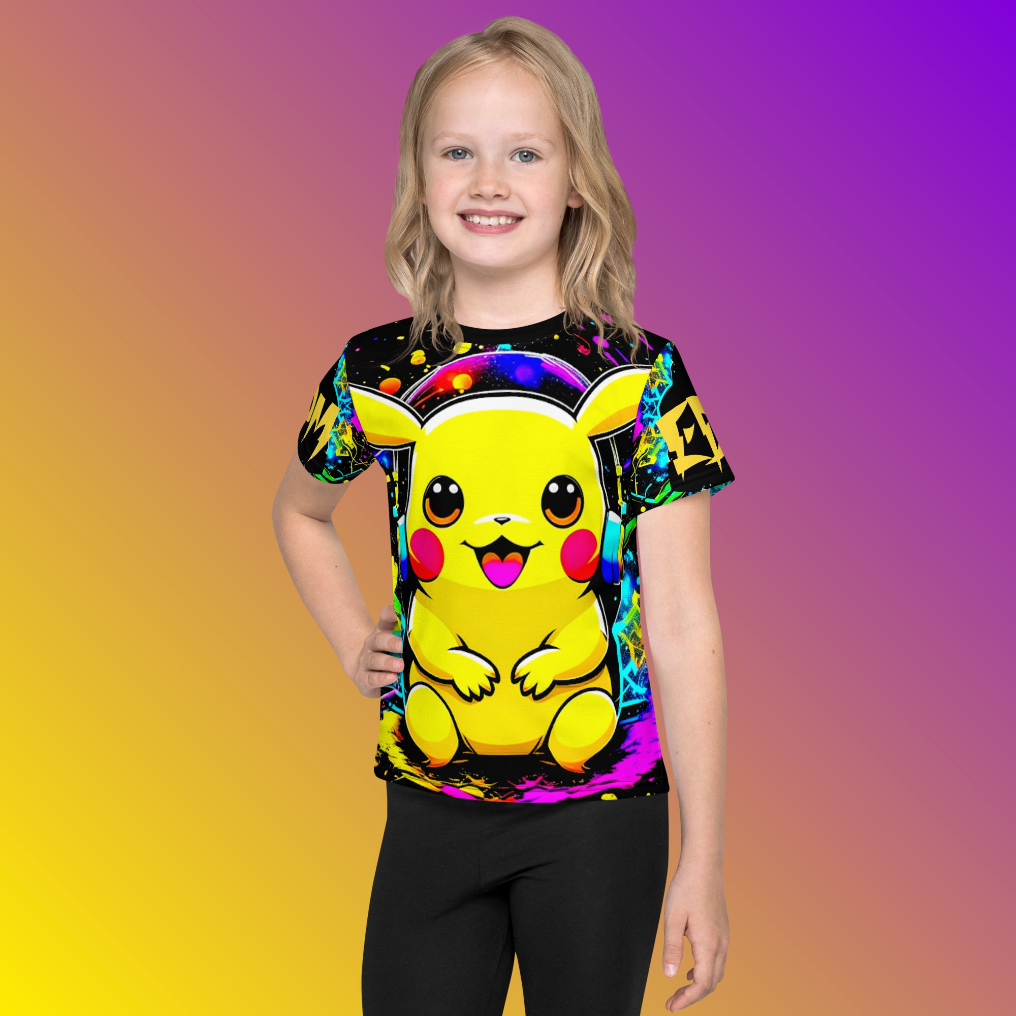 toddlers all over print t-shirt inspired by pikachu rave inspired  design. Perfect for toddler and parents who love rave culture