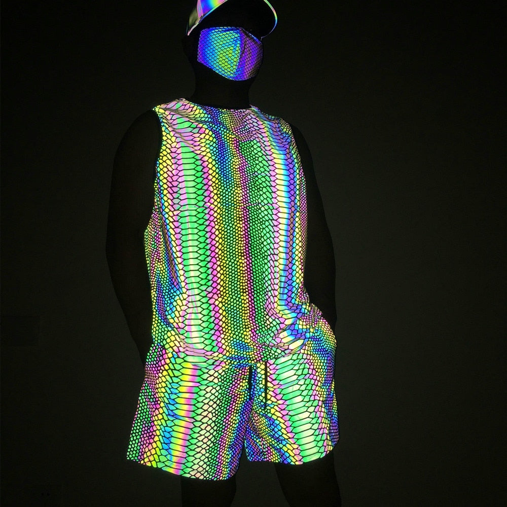 snakeskin holographic print shorts and tank set with mesmerizing holographic reflective pattern.