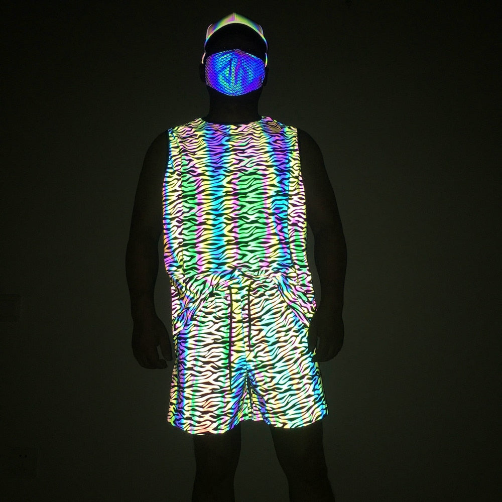 zebra holographic print shorts and tank top set with eye-catching shimmering holographic pattern