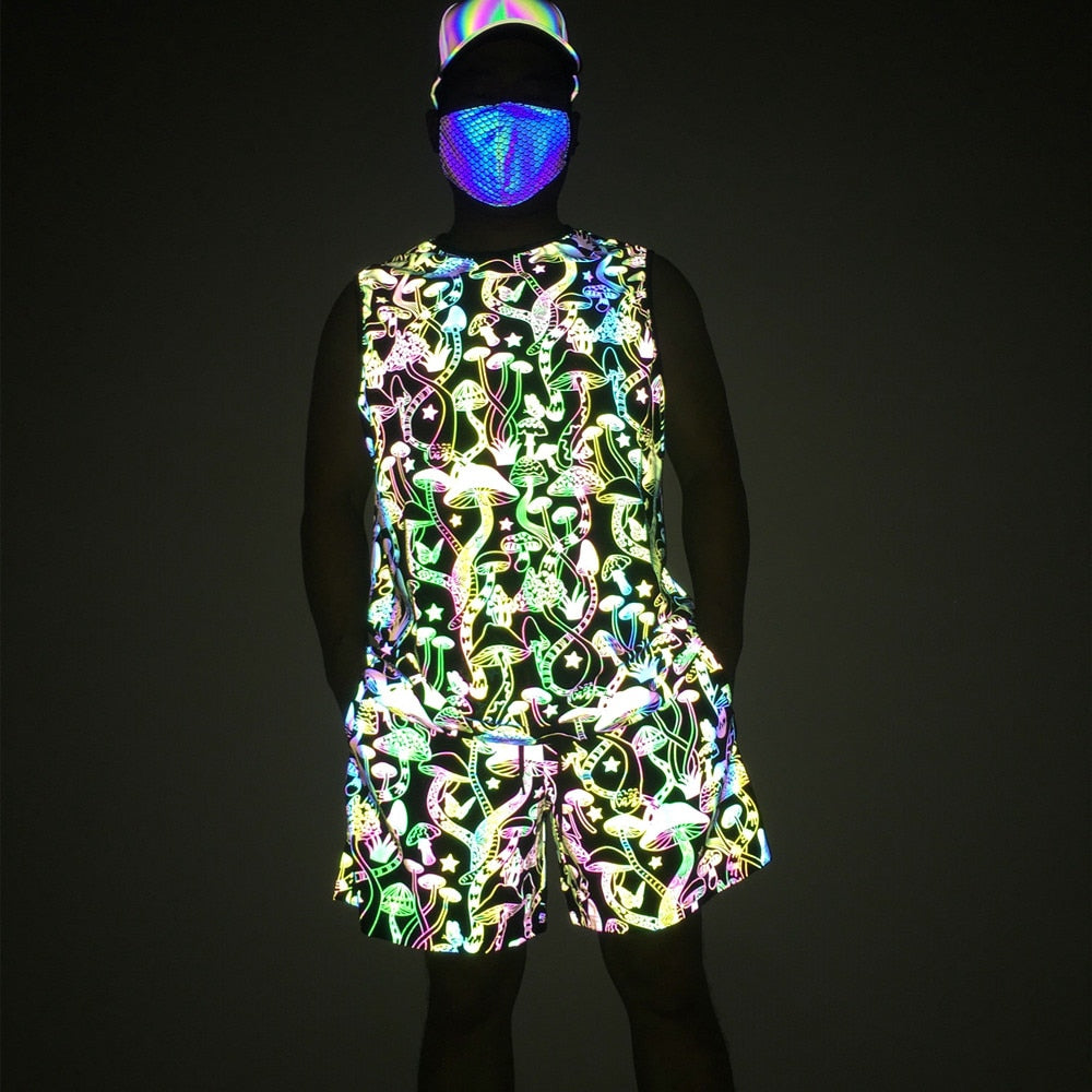Mushroom holographic print shirt and tank top set featuring a trippy vibrant reflective holographic design.